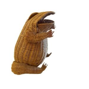 Vtg MCM Frog Magazine Holder Bin Wicker Rattan No Marble Eyes Boho Toad 15" H